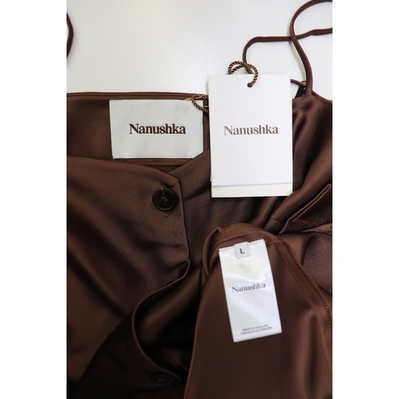 NWT Nanushka Dress Sayan Satin Spaghetti Strap Belted Wrap Tie Midi Slip Brown L - Picture 5 of 11